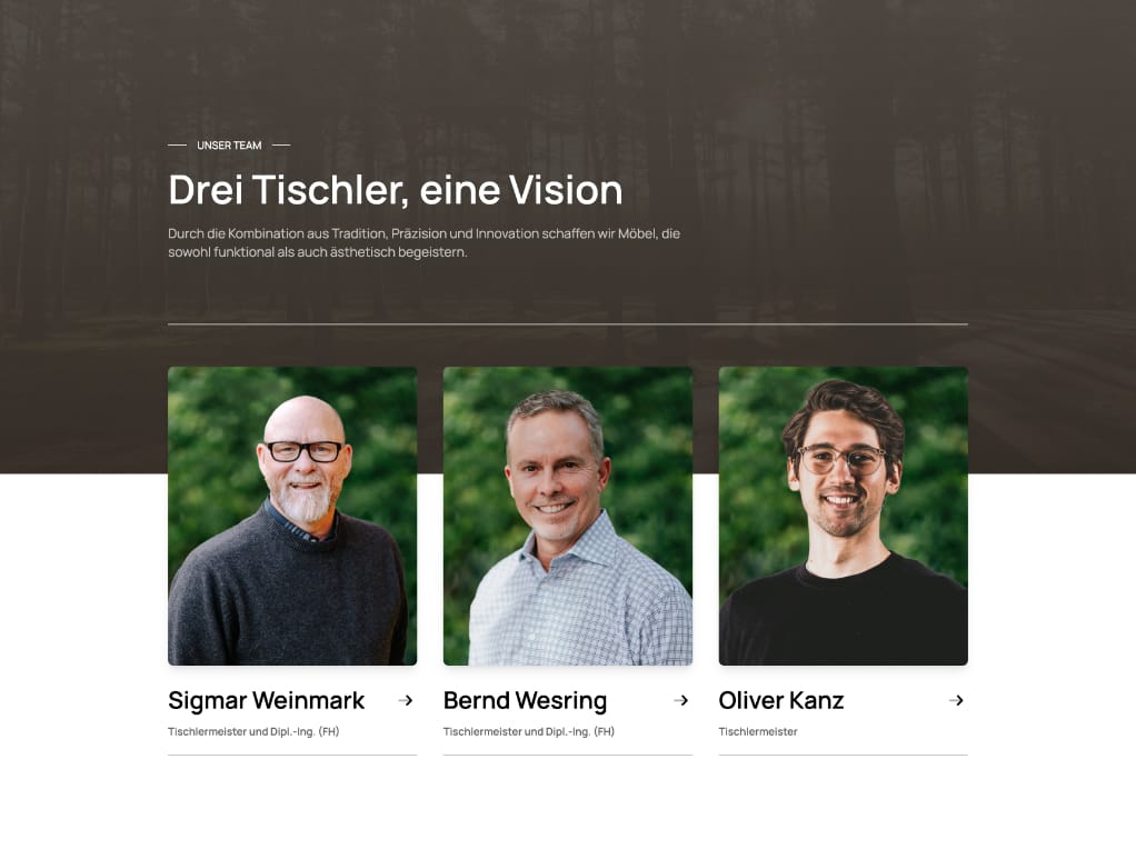 Team-Übersicht einer Webseite für Schreiner