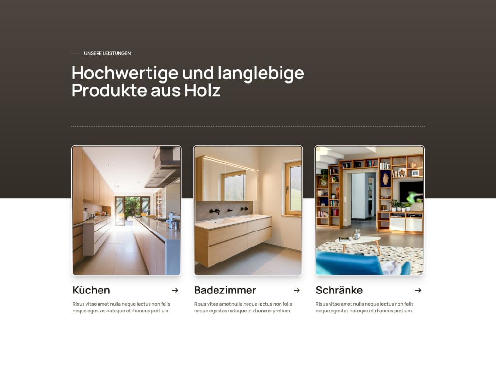 Leistungs-Übersicht einer Webseite für Schreiner